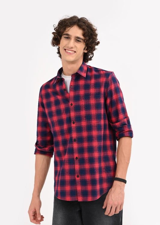 Indigo-Dyed 100% Cotton Check Shirt Maroon