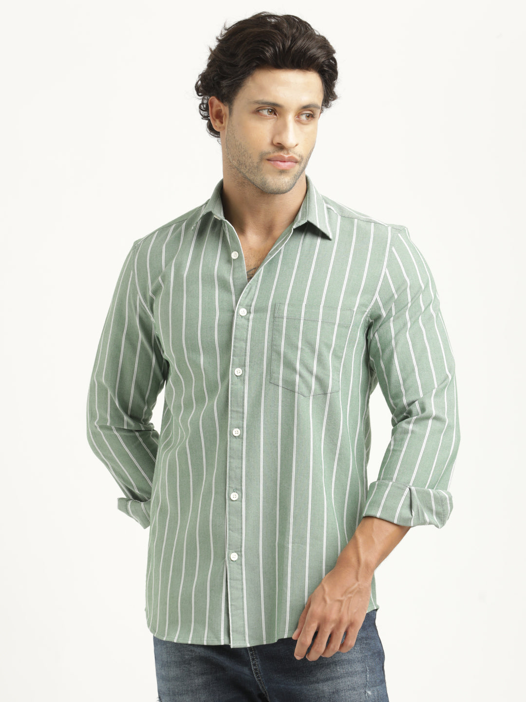 Striped Oxford Lycra Shirt Green