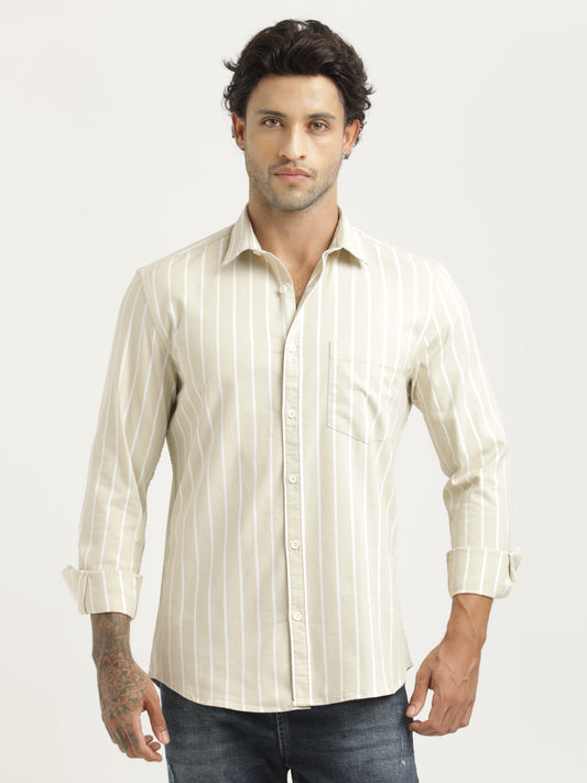 Striped Oxford Lycra Shirt Beige