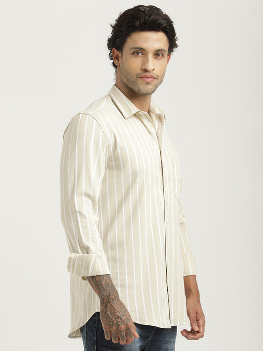 Striped Oxford Lycra Shirt Beige