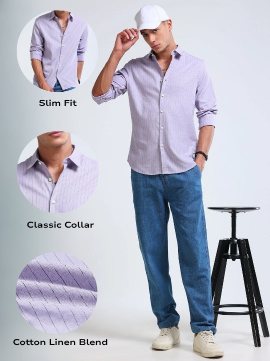 Men's Slim Fit Cotton Linen Striped Shirt Lavender