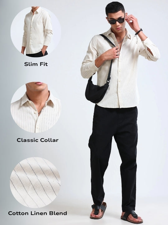 Men's Slim Fit Cotton Linen Striped Shirt Cream