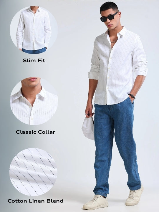 Men's Slim Fit Cotton Linen Striped Shirt White
