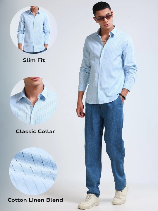 Men's Slim Fit Cotton Linen Striped Shirt Blue