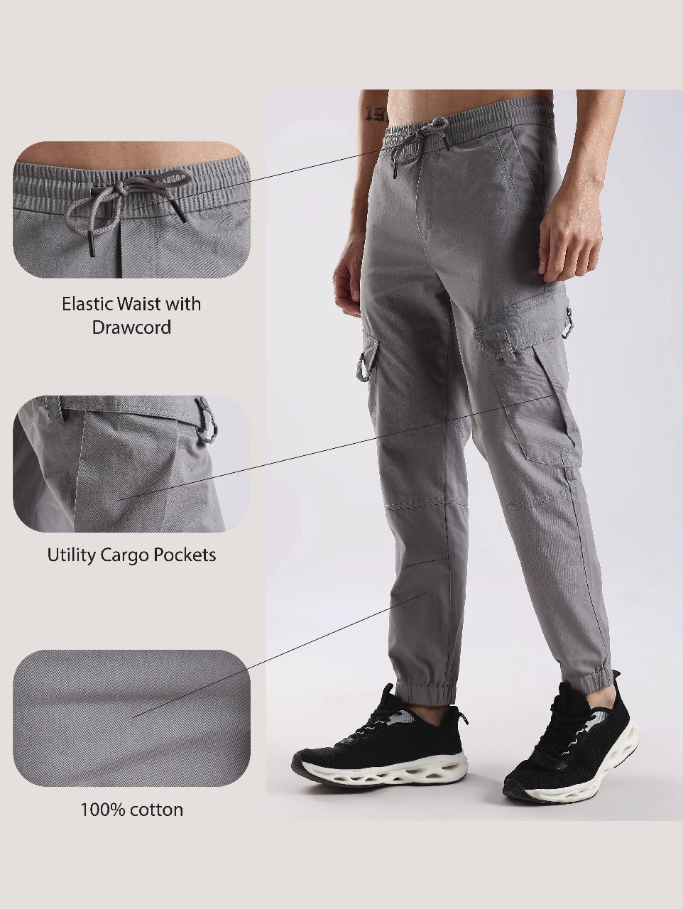 100% Cotton Slim Fit Cargo Pants Lt Grey