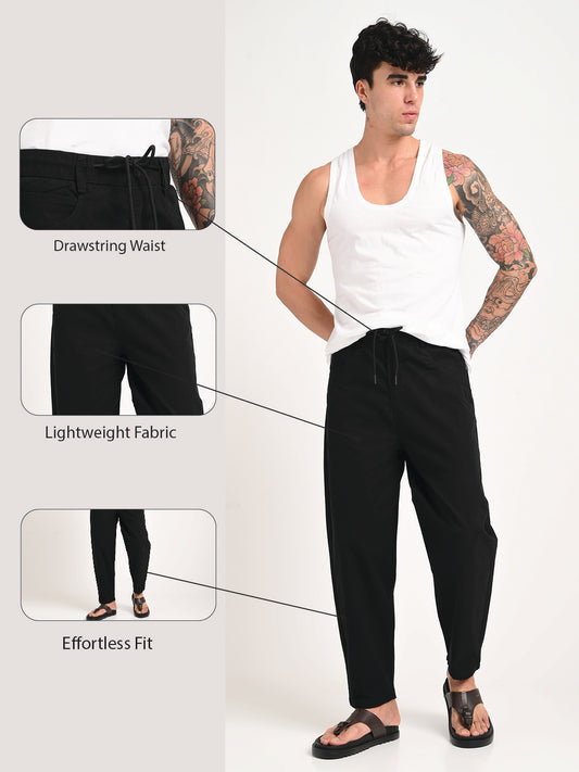 Relaxed Cotton Trousers with Drawcord Black