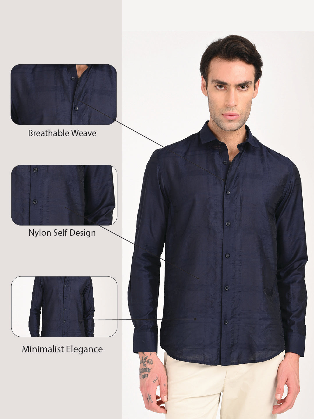 Slim Fit Nylon Self-Design Shirt Navy