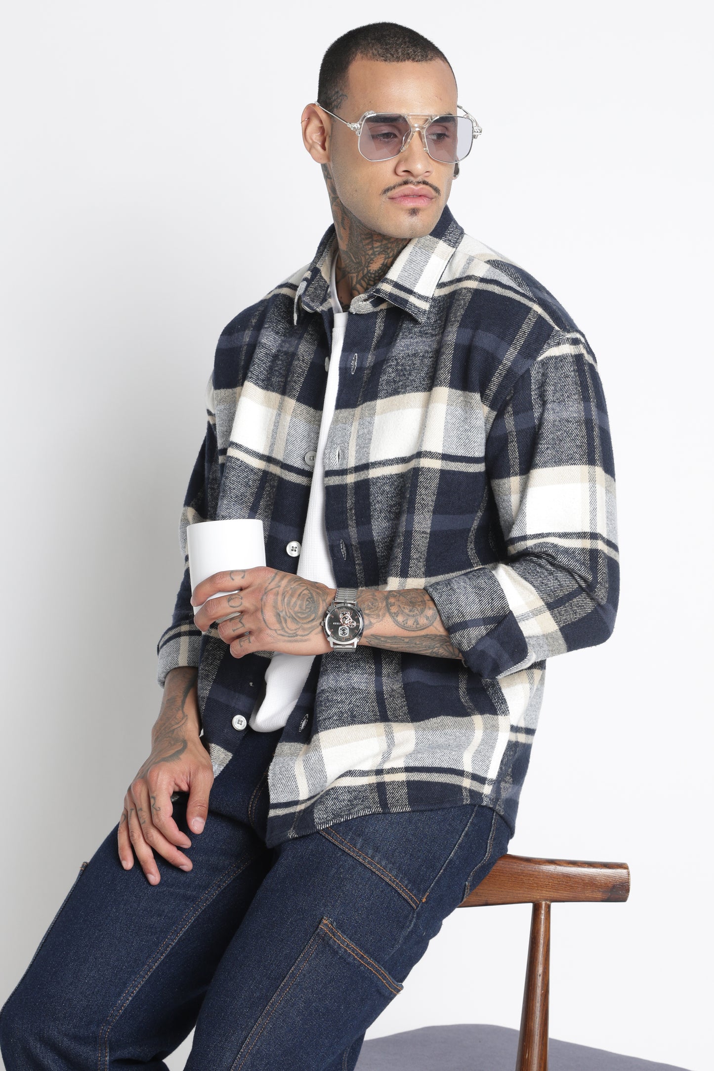 Brushed Check Casual Shirt Navy White