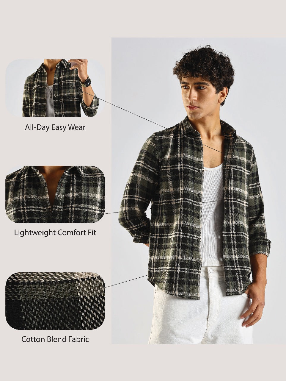 Cotton Blend Checked Shirt Olive