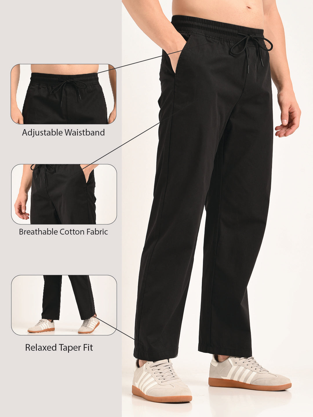 Cotton Style Trousers with Drawcord Black