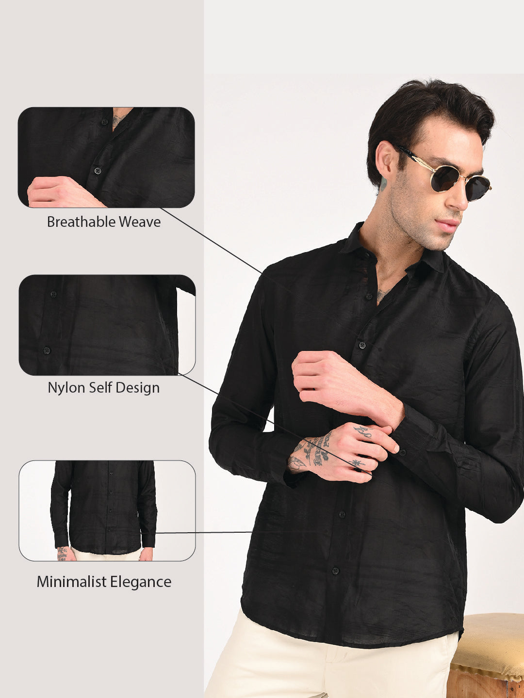 Slim Fit Nylon Self-Design Shirt Black