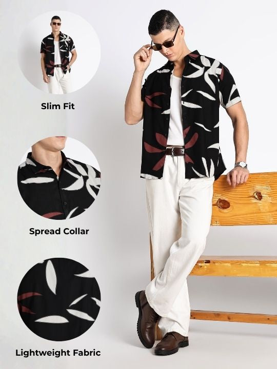 Stylish Floral Printed Rayon Shirt Black Brown