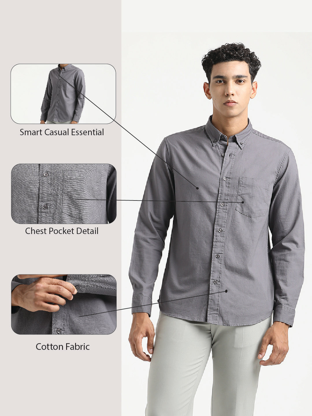 Oxford Cotton Shirt with Button-Down Collar Grey
