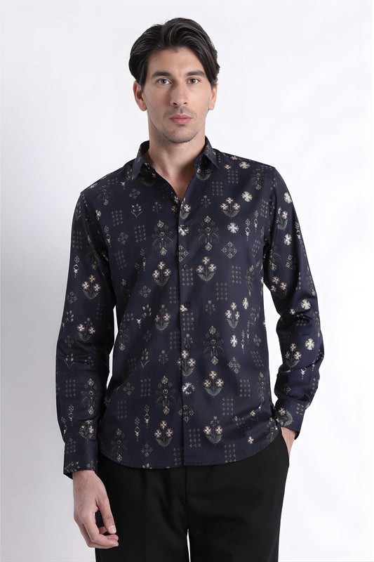 Floral Digital Print Shirt Navy Green