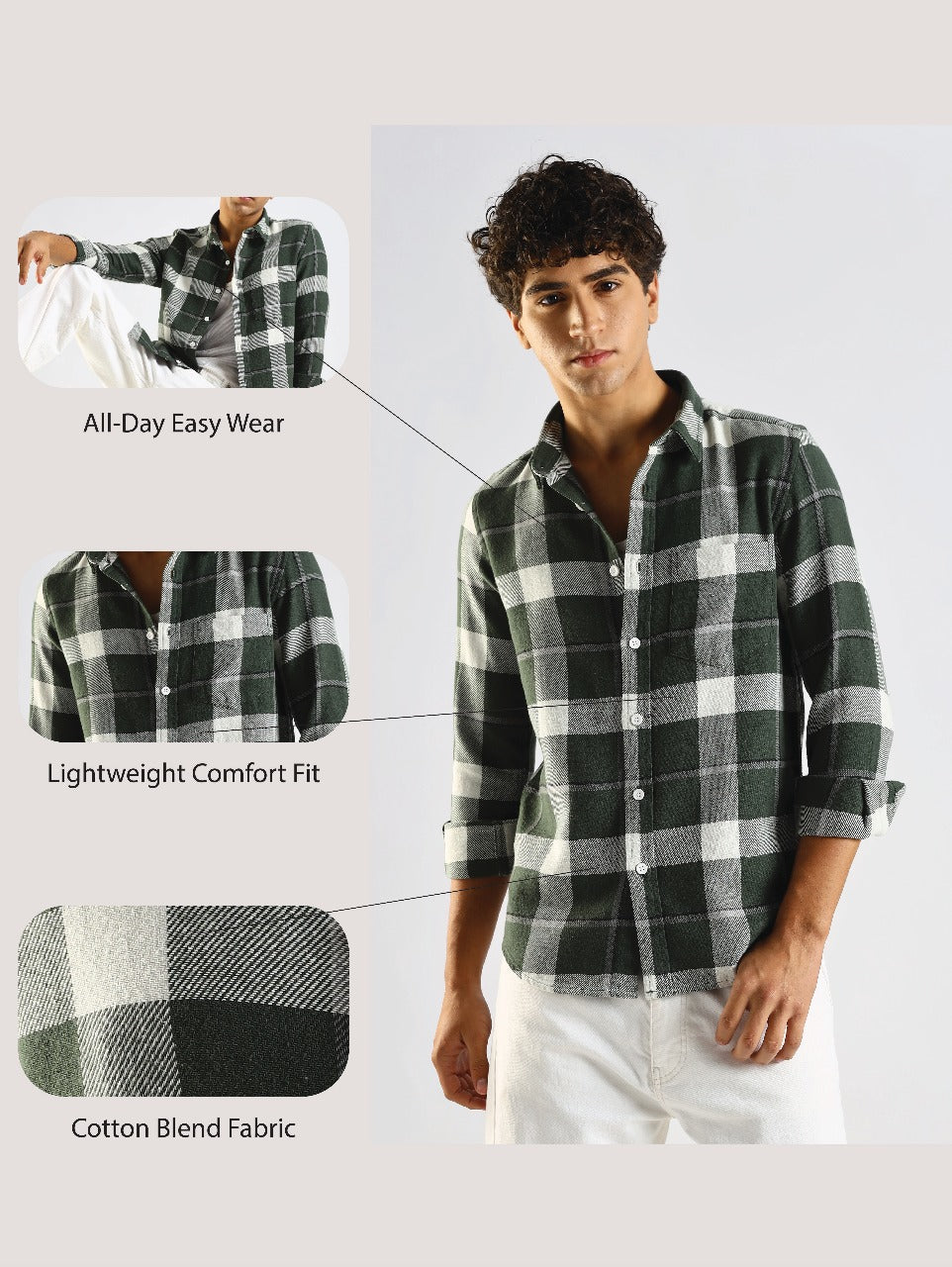 Cotton Blend Checked Shirt Dk Green