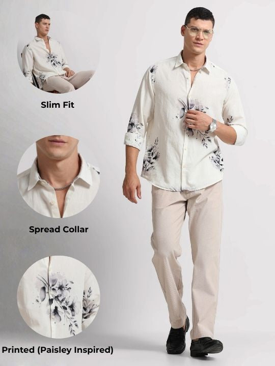 Cotton Linen Digital Printed Shirt White Grey