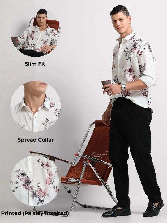 Cotton Linen Digital Printed Shirt White Wine