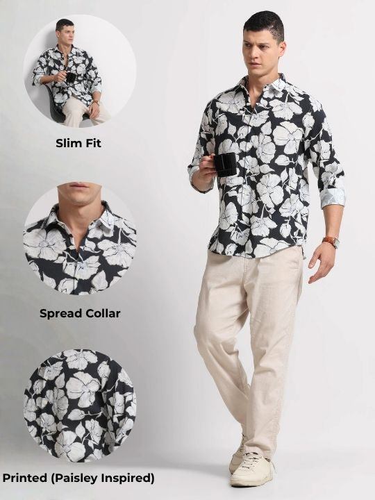 Cotton Linen Digital Printed Shirt White Black