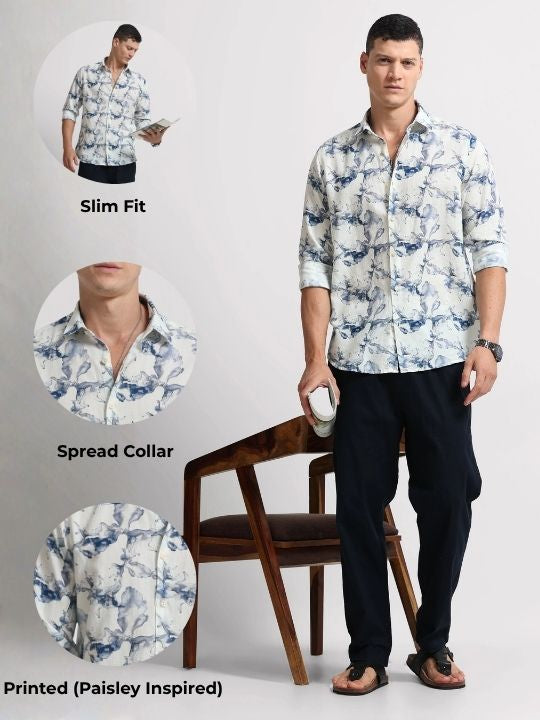 Cotton Linen Digital Printed Shirt Navy White