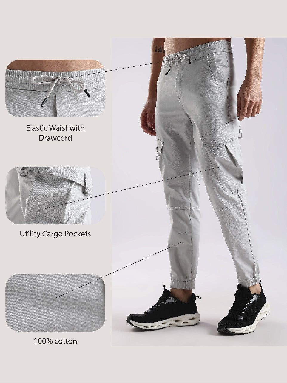 100% Cotton Slim Fit Cargo Pants Off White