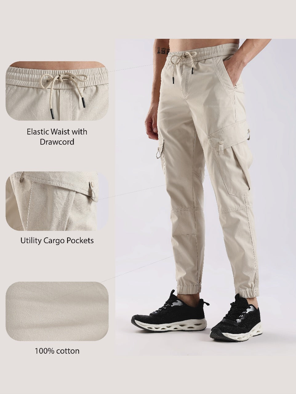 100% Cotton Slim Fit Cargo Pants Cream