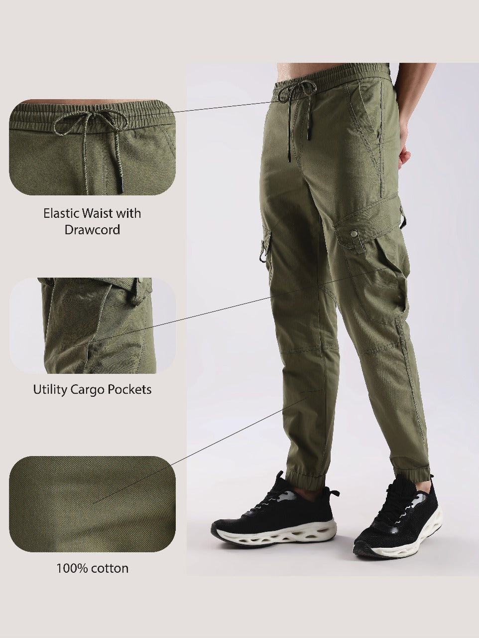 100% Cotton Slim Fit Cargo Pants Green