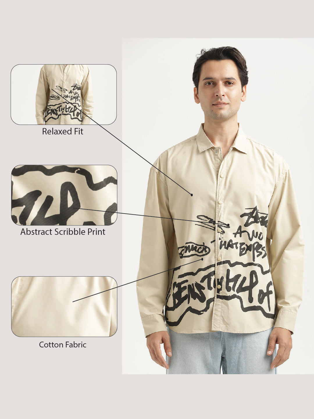 Oversized Cotton Shirt – Scribble Statement Cream