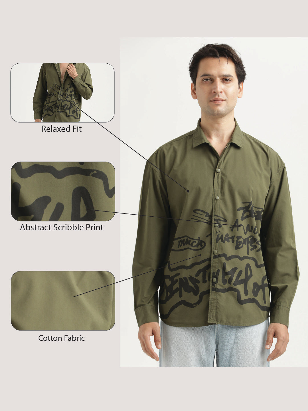 Oversized Cotton Shirt – Scribble Statement Olive