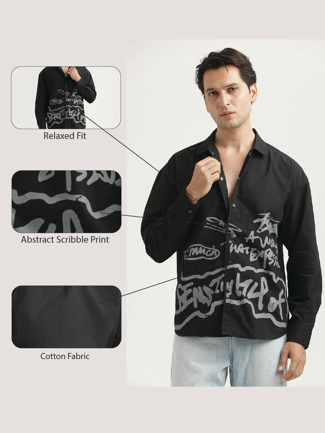 Oversized Cotton Shirt – Scribble Statement Black