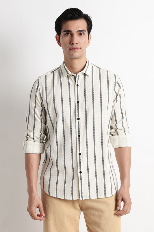 Vertical Stripe Textured Shirt Off White