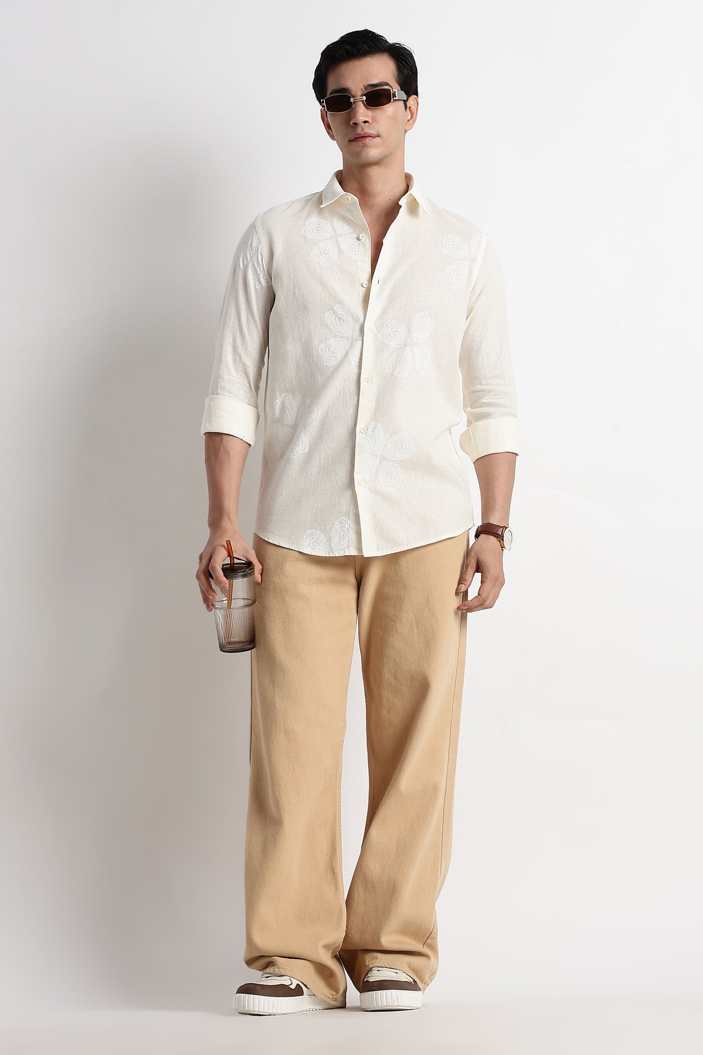 Floral Embroidered Cotton Linen Shirt Off White
