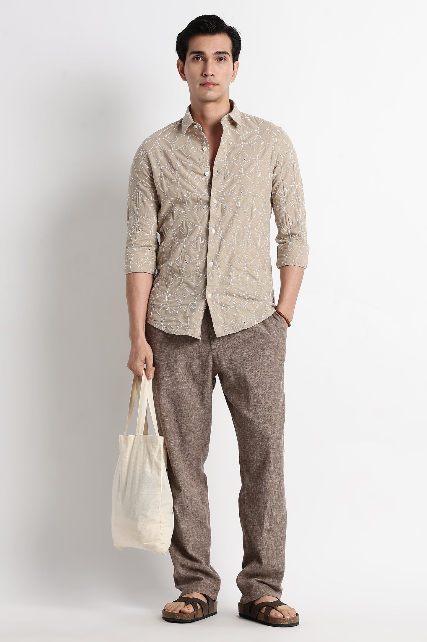 Textured Shirt with Embroidery Lt Brown