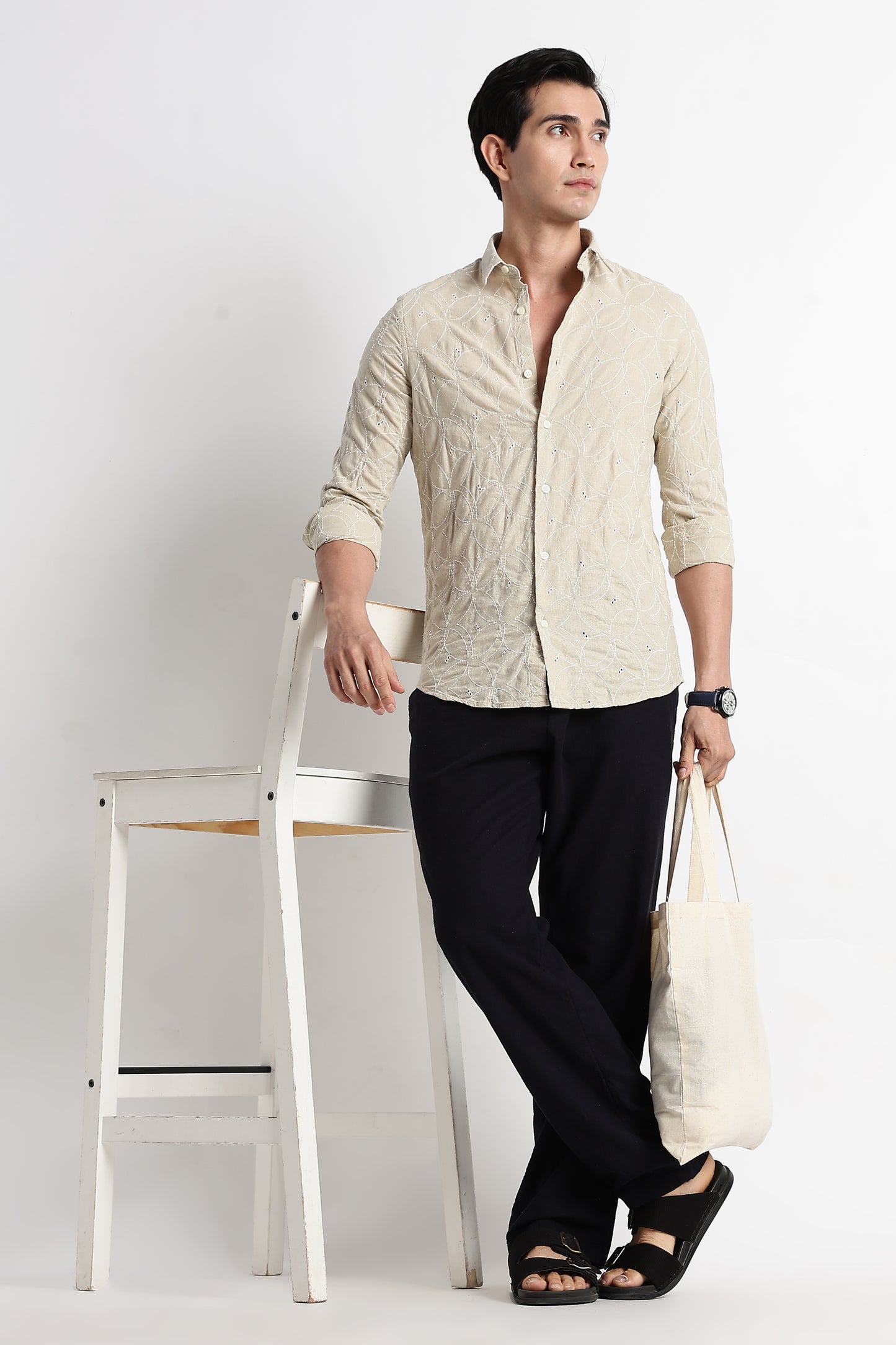 Textured Shirt with Embroidery Beige