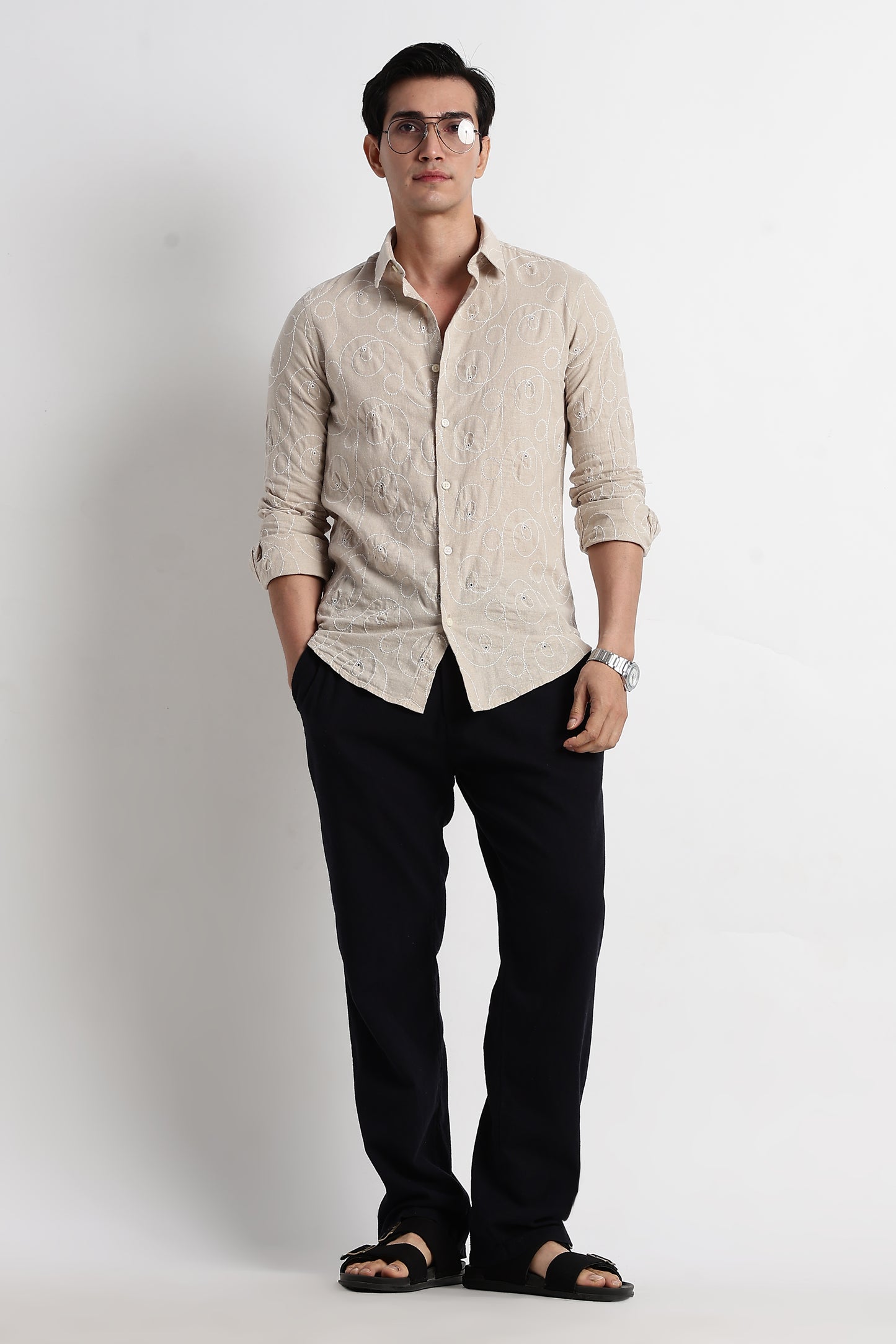 Textured Embroidered Shirt Cream