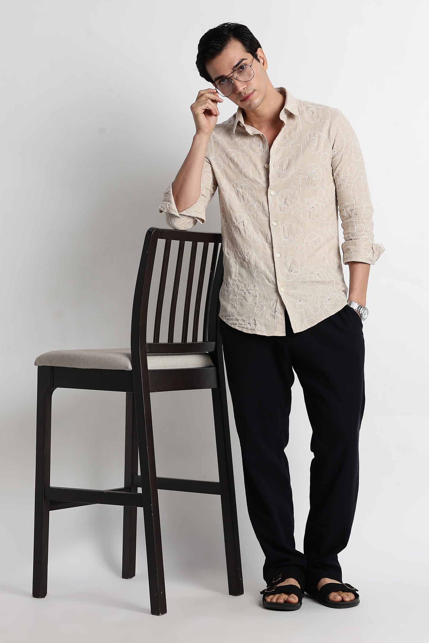 Textured Embroidered Cotton Shirt Cream