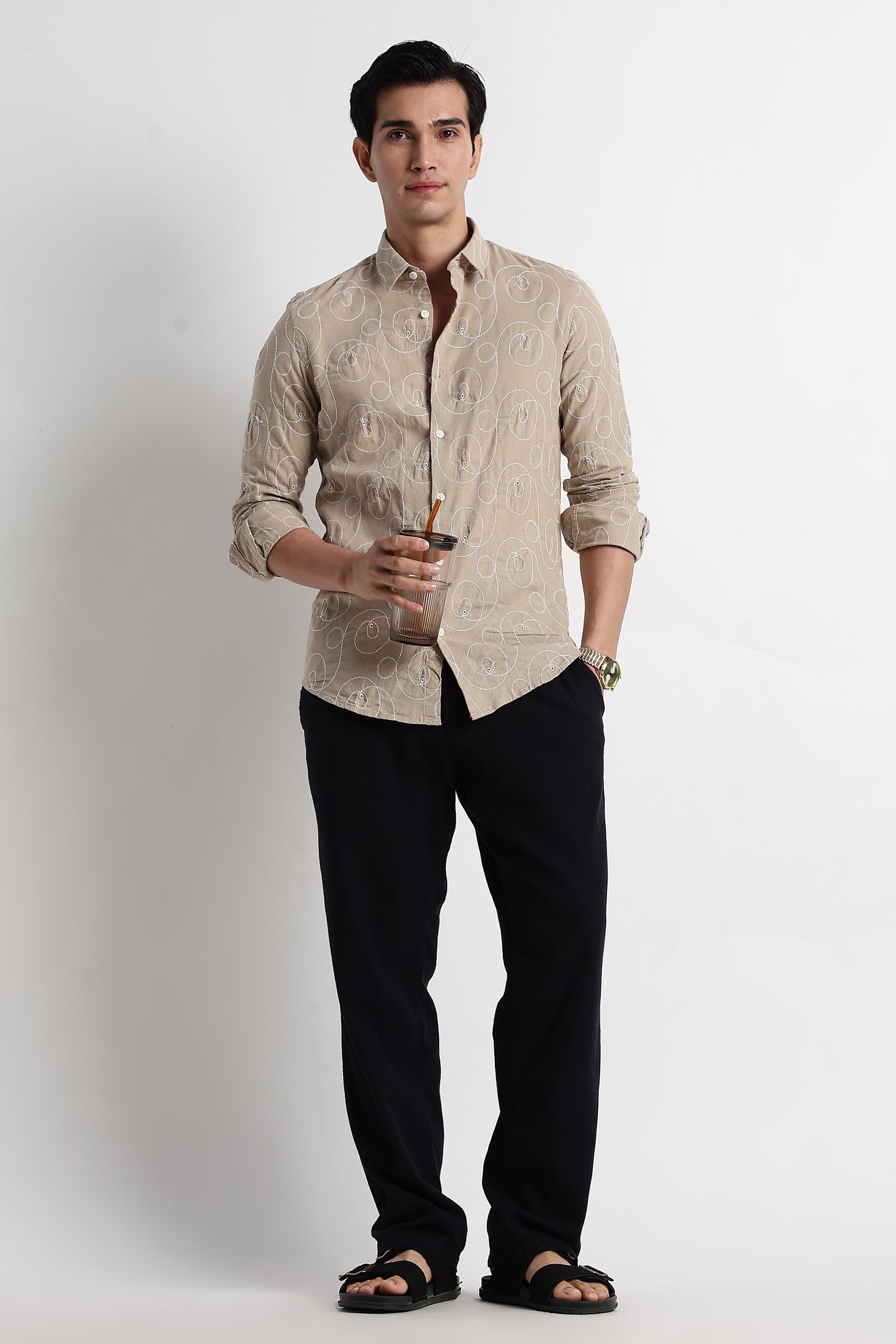 Textured Embroidered Shirt Lt Brown