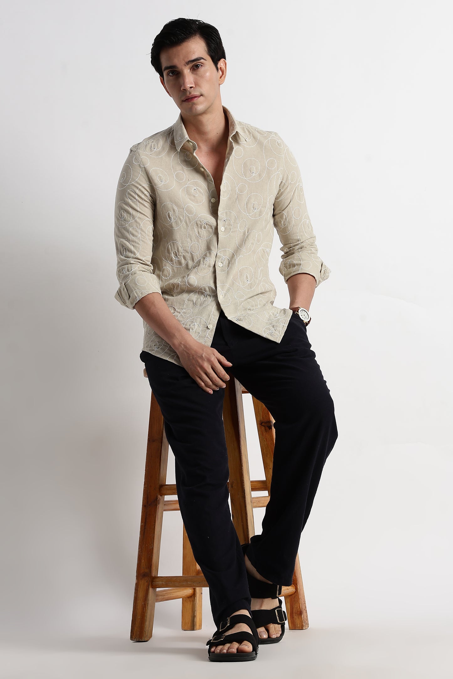 Textured Embroidered Cotton Shirt Beige