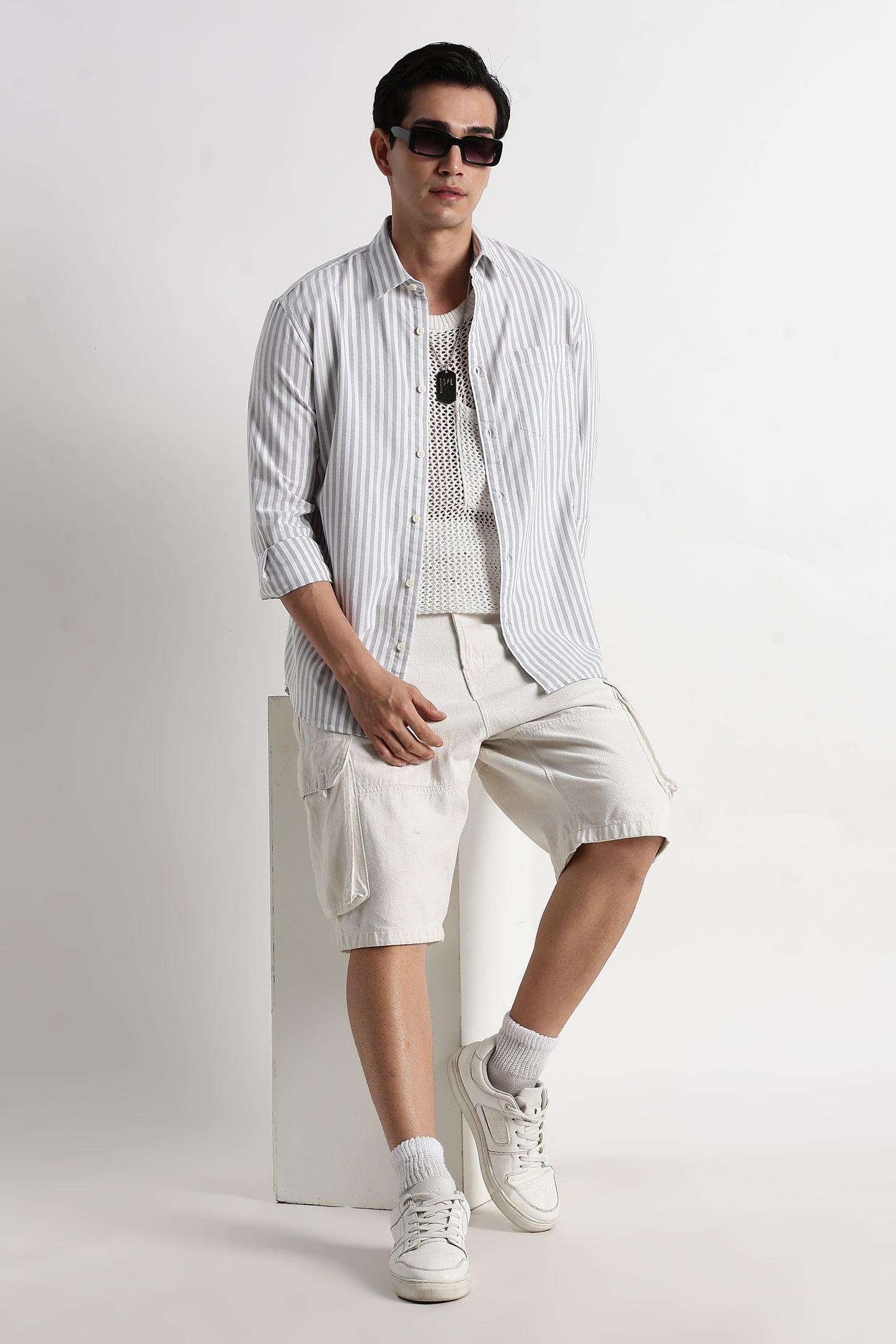 Classic Cotton Slim Fit Striped Shirt Grey