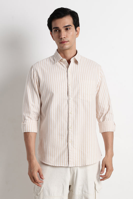 Classic Cotton Slim Fit Striped Shirt Beige