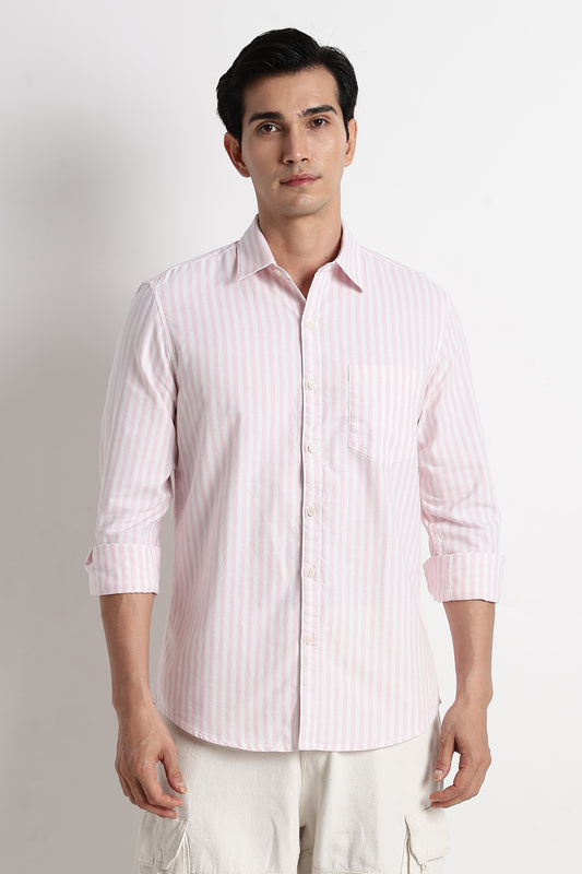 Classic Cotton Slim Fit Striped Shirt Pink