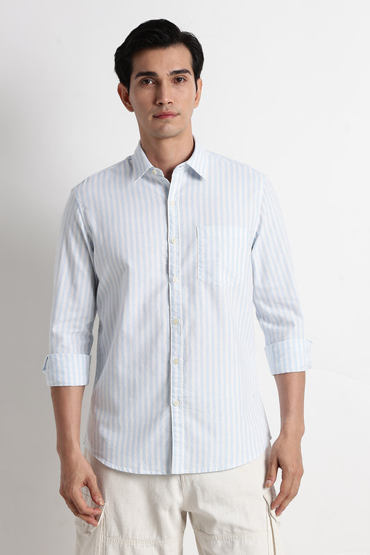 Classic Cotton Slim Fit Striped Shirt Sky Blue