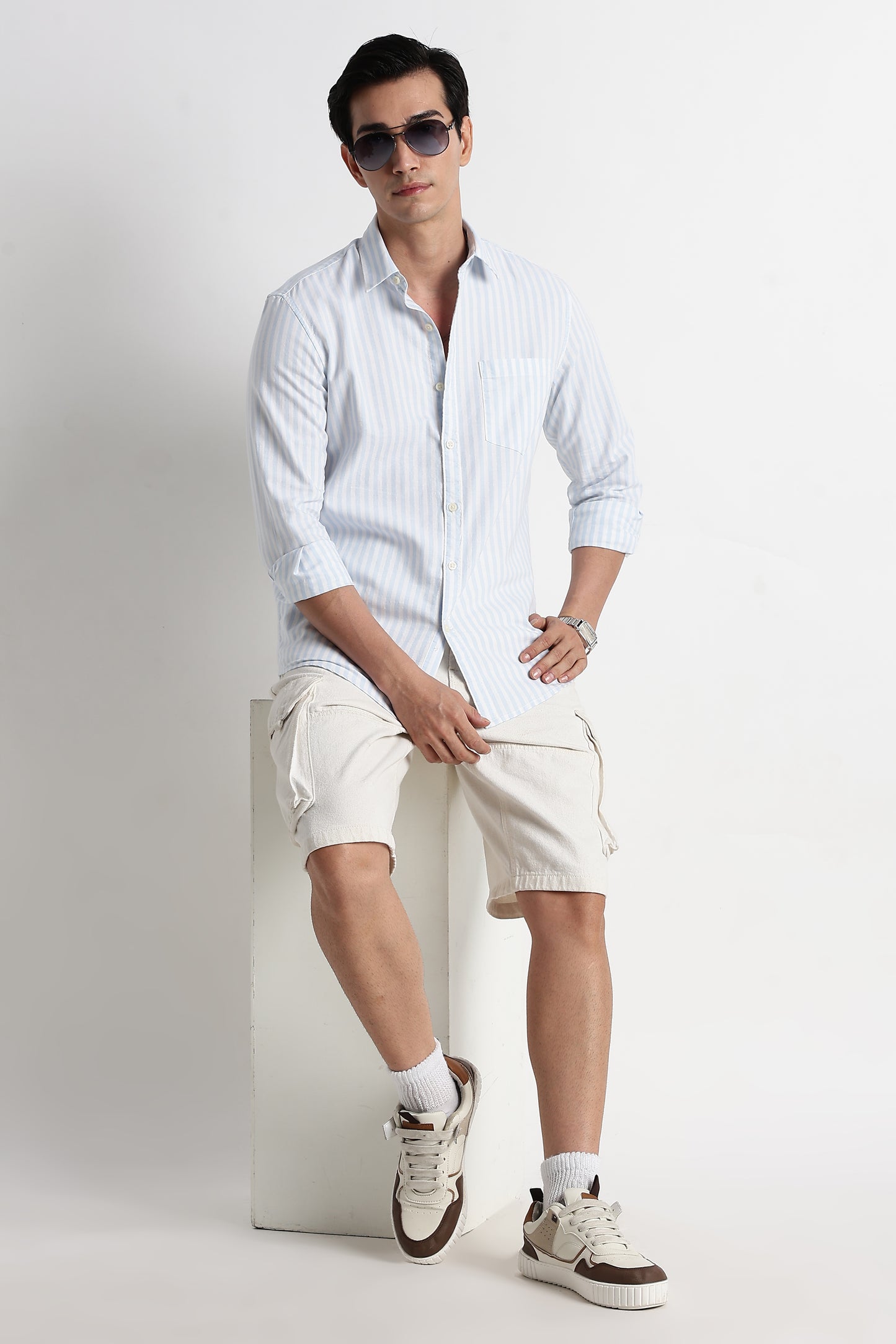 Classic Cotton Slim Fit Striped Shirt Sky Blue