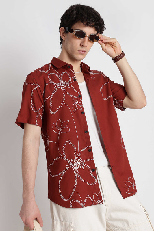 Stylish Floral Printed Rayon Shirt Brown
