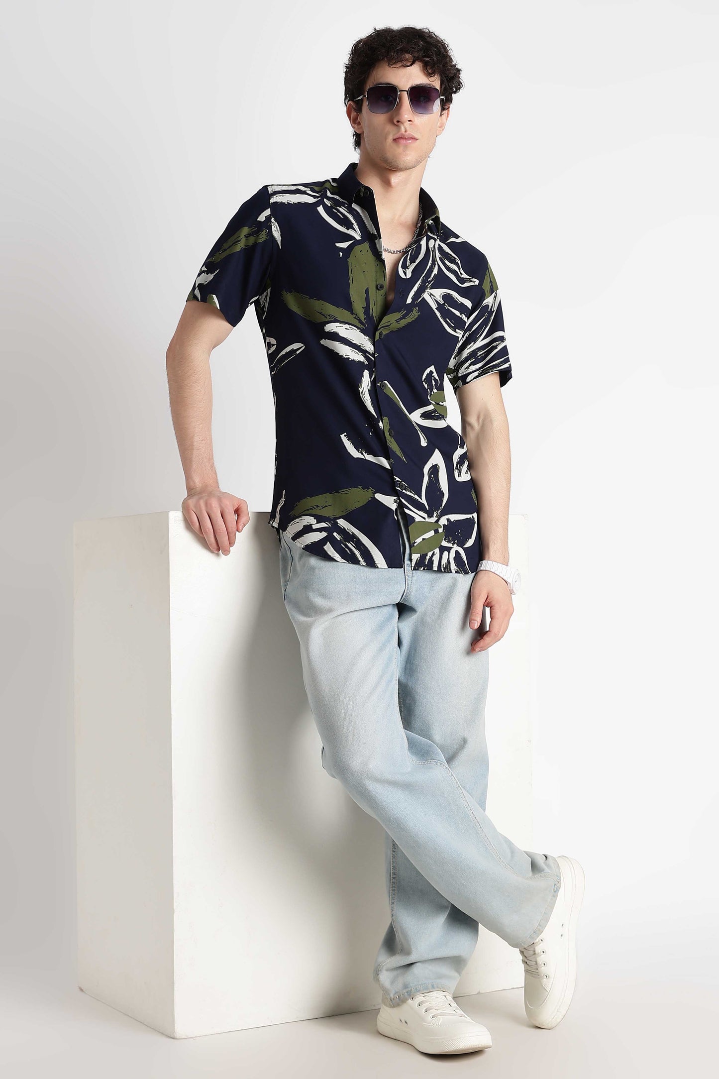 Stylish Floral Printed Rayon Shirt Navy White