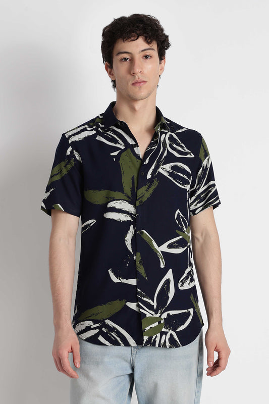 Stylish Floral Printed Rayon Shirt Navy White
