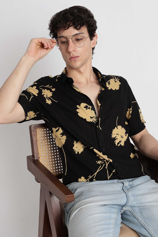Stylish Floral Printed Rayon Shirt Black Yellow