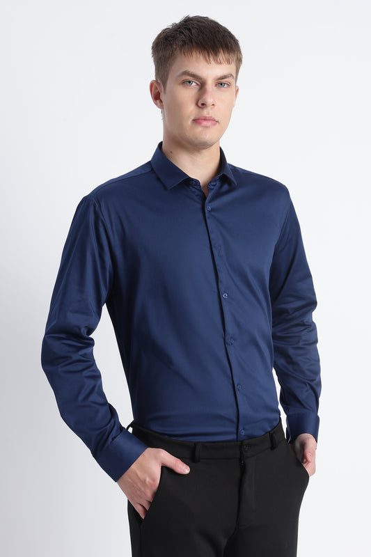 Refined Satin Finish Slim Fit Shirt Navy
