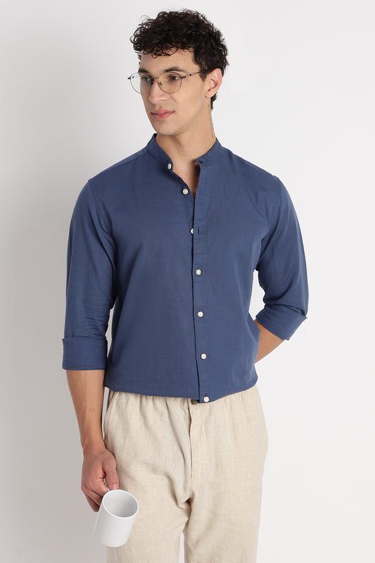 Cotton Linen Slim Fit Shirt Blue