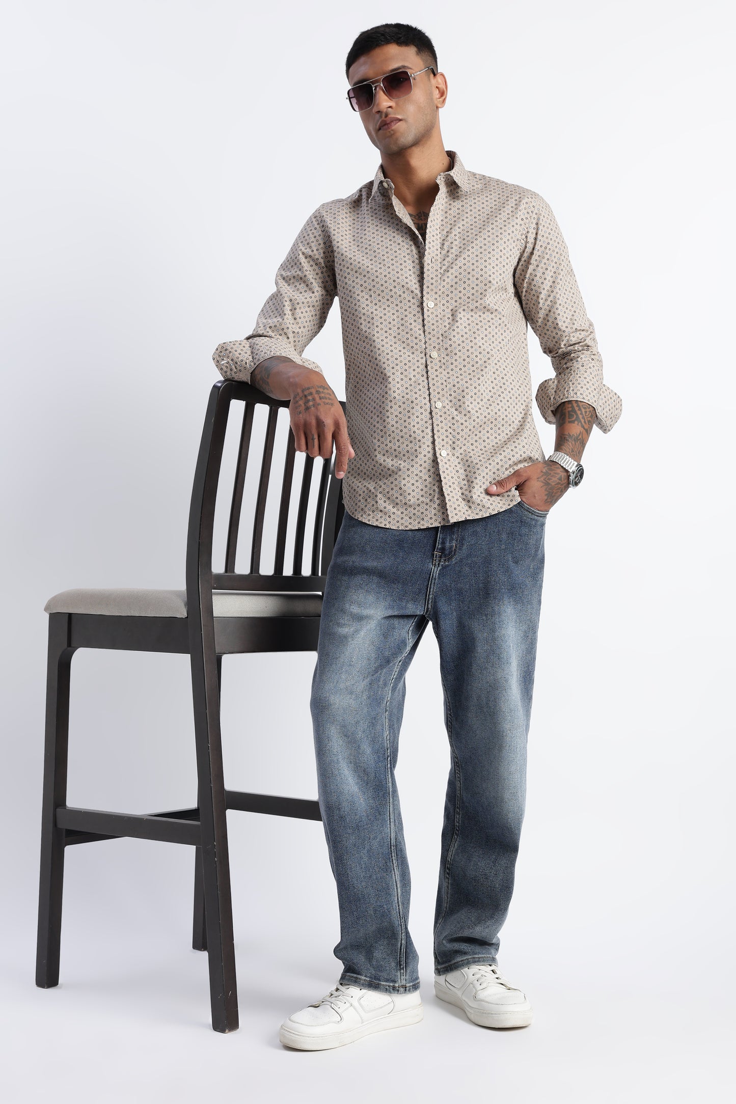 Micro-Print Shirt Beige