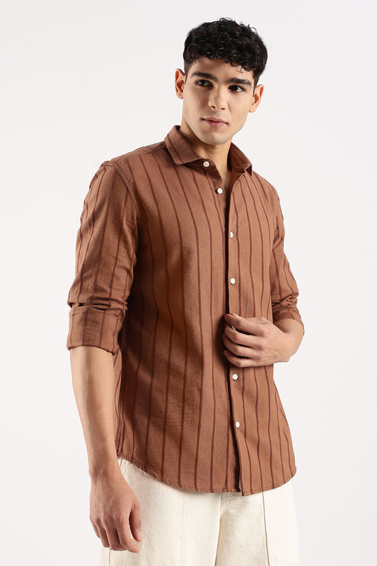 Self-Striped Slim Fit Shirt Brown